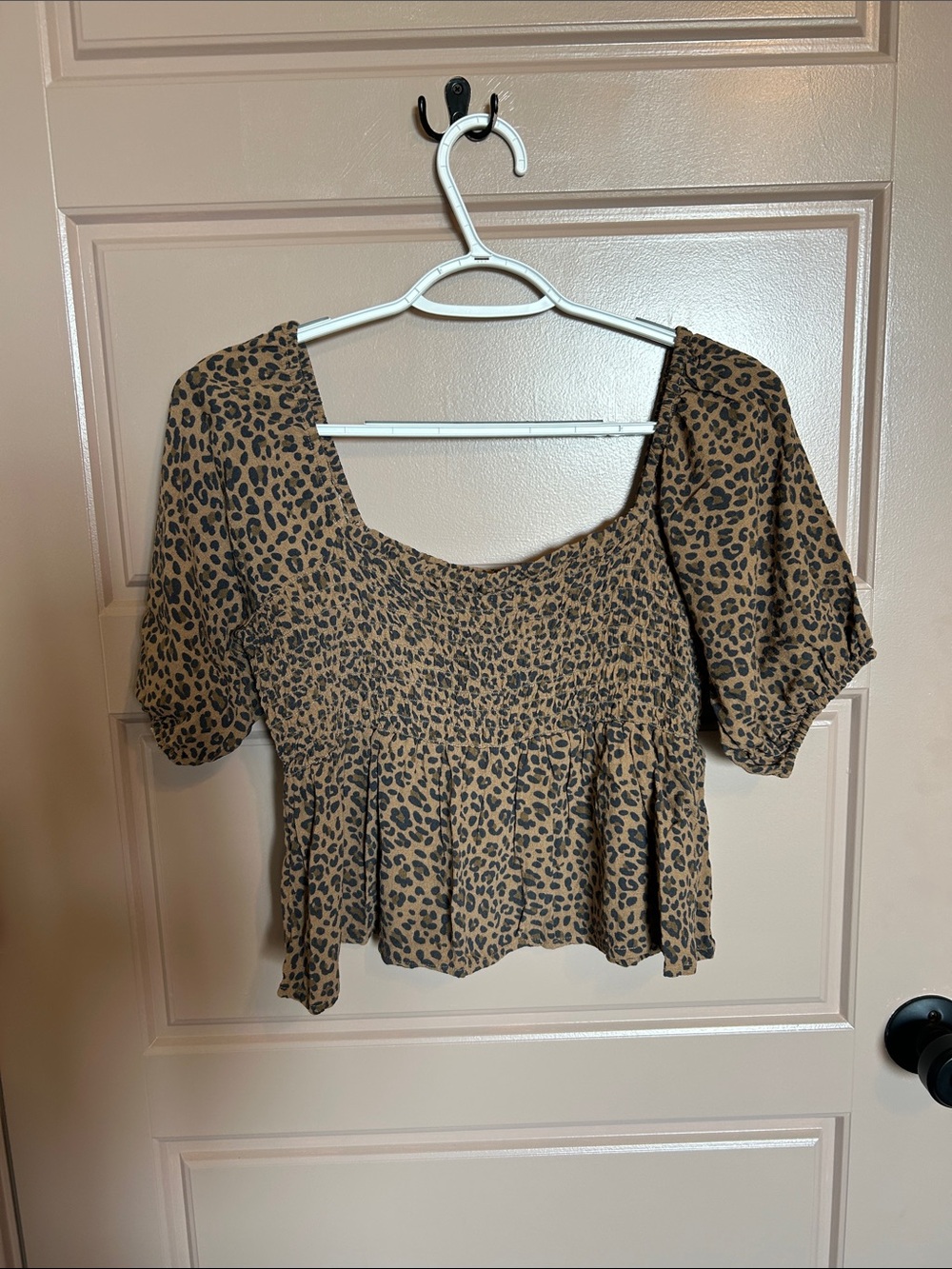 American Eagle Outfitters Leopard Smocked Peplum Crop Top - Brown/Black